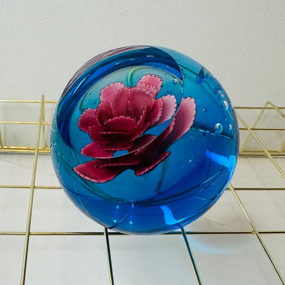 Vintage Collectible Hand Blown Blue Art Glass Paperweight With Pink Floral Rose